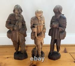 Lot Of 3 VTG Hand Carved Wooden Figures 16 Bearded Hobo Men Folk Art Decor