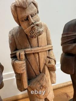 Lot Of 3 VTG Hand Carved Wooden Figures 16 Bearded Hobo Men Folk Art Decor