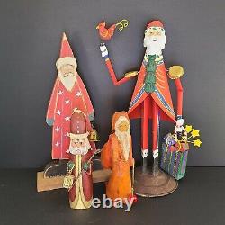 Lot Of 4 Folk Art Santa Claus Vintage, 2 Signed, 1 Metal Art, All Hand Painted