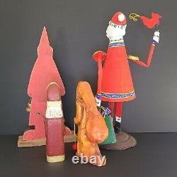 Lot Of 4 Folk Art Santa Claus Vintage, 2 Signed, 1 Metal Art, All Hand Painted