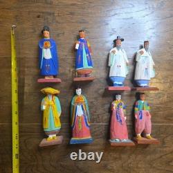 Lot Of 8 Korean Vintage Folk Art Wood Carved Figurine Set Mid Century Korea
