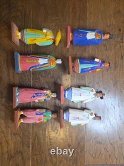 Lot Of 8 Korean Vintage Folk Art Wood Carved Figurine Set Mid Century Korea