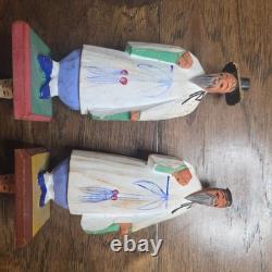 Lot Of 8 Korean Vintage Folk Art Wood Carved Figurine Set Mid Century Korea