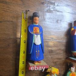 Lot Of 8 Korean Vintage Folk Art Wood Carved Figurine Set Mid Century Korea