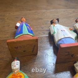 Lot Of 8 Korean Vintage Folk Art Wood Carved Figurine Set Mid Century Korea