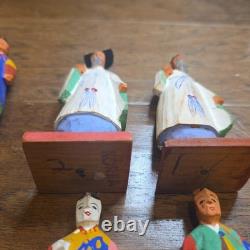Lot Of 8 Korean Vintage Folk Art Wood Carved Figurine Set Mid Century Korea