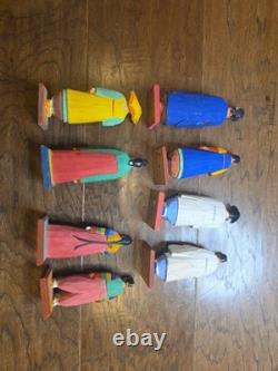 Lot Of 8 Korean Vintage Folk Art Wood Carved Figurine Set Mid Century Korea