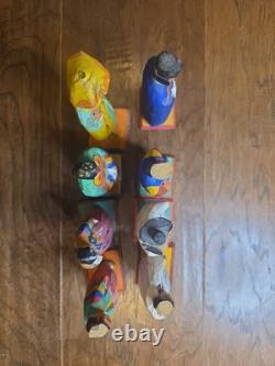Lot Of 8 Korean Vintage Folk Art Wood Carved Figurine Set Mid Century Korea