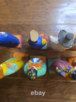 Lot Of 8 Korean Vintage Folk Art Wood Carved Figurine Set Mid Century Korea