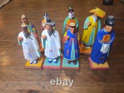 Lot Of 8 Korean Vintage Folk Art Wood Carved Figurine Set Mid Century Korea