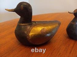 Lot of 3 1800's Wooden Hand Carved Brass Copper Pounded Mallard Ducks Folk Art