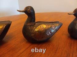 Lot of 3 1800's Wooden Hand Carved Brass Copper Pounded Mallard Ducks Folk Art