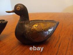 Lot of 3 1800's Wooden Hand Carved Brass Copper Pounded Mallard Ducks Folk Art