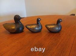 Lot of 3 1800's Wooden Hand Carved Brass Copper Pounded Mallard Ducks Folk Art