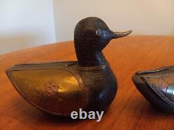 Lot of 3 1800's Wooden Hand Carved Brass Copper Pounded Mallard Ducks Folk Art