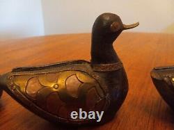 Lot of 3 1800's Wooden Hand Carved Brass Copper Pounded Mallard Ducks Folk Art