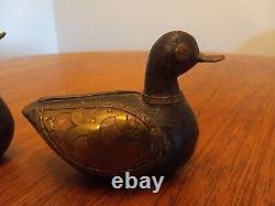 Lot of 3 1800's Wooden Hand Carved Brass Copper Pounded Mallard Ducks Folk Art