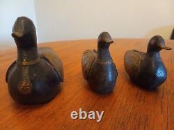 Lot of 3 1800's Wooden Hand Carved Brass Copper Pounded Mallard Ducks Folk Art