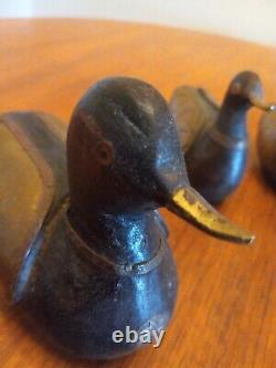 Lot of 3 1800's Wooden Hand Carved Brass Copper Pounded Mallard Ducks Folk Art