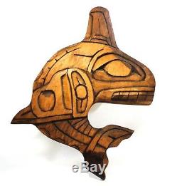 Lou-oakswan Nishga Tribe Wolf Clan Bc Vint Signed Killer Whale Wood Carving