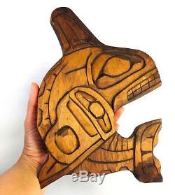 Lou-oakswan Nishga Tribe Wolf Clan Bc Vint Signed Killer Whale Wood Carving