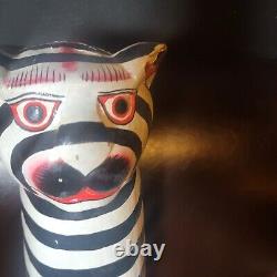 MCM Indonesian Folk Art Hand Carved & Painted Totem Cat Statue Striped 24 Large