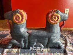 MID Century Folk Art Carved Wood Rams Head Sculpture Table Base Original Paint