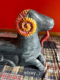 MID Century Folk Art Carved Wood Rams Head Sculpture Table Base Original Paint