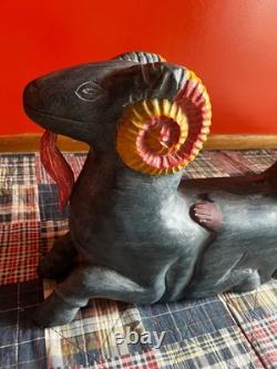 MID Century Folk Art Carved Wood Rams Head Sculpture Table Base Original Paint