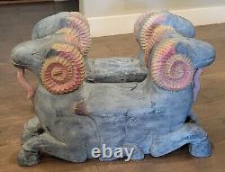 MID Century Folk Art Carved Wood Rams Head Sculpture Table Base Original Paint