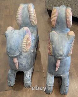 MID Century Folk Art Carved Wood Rams Head Sculpture Table Base Original Paint