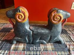 MID Century Folk Art Carved Wood Rams Head Sculpture Table Base Original Paint