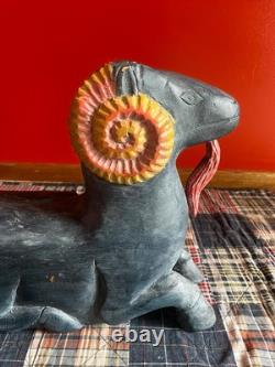 MID Century Folk Art Carved Wood Rams Head Sculpture Table Base Original Paint