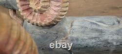 MID Century Folk Art Carved Wood Rams Head Sculpture Table Base Original Paint