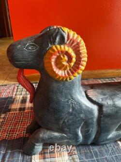 MID Century Folk Art Carved Wood Rams Head Sculpture Table Base Original Paint