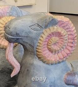MID Century Folk Art Carved Wood Rams Head Sculpture Table Base Original Paint