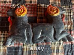 MID Century Folk Art Carved Wood Rams Head Sculpture Table Base Original Paint