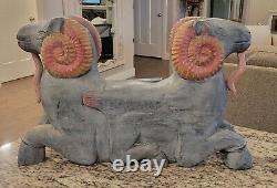 MID Century Folk Art Carved Wood Rams Head Sculpture Table Base Original Paint