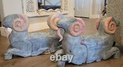 MID Century Folk Art Carved Wood Rams Head Sculpture Table Base Original Paint