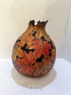 Marjorie Lehman signed large Gourd, Natural folk Art Leaves Museum Condition