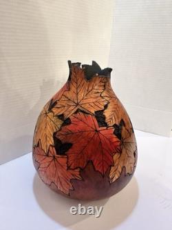 Marjorie Lehman signed large Gourd, Natural folk Art Leaves Museum Condition