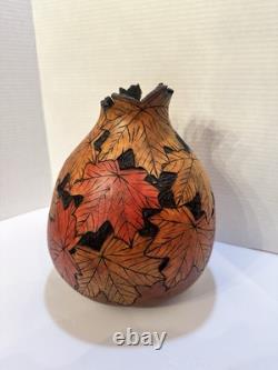 Marjorie Lehman signed large Gourd, Natural folk Art Leaves Museum Condition