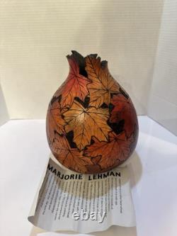 Marjorie Lehman signed large Gourd, Natural folk Art Leaves Museum Condition
