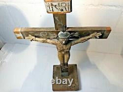 Mexican Cross with Christ Antique real hand carved folk art painted Vintage