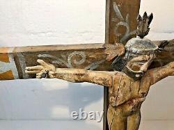 Mexican Cross with Christ Antique real hand carved folk art painted Vintage