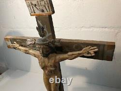 Mexican Cross with Christ Antique real hand carved folk art painted Vintage