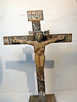 Mexican Cross with Christ Antique real hand carved folk art painted Vintage