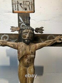 Mexican Cross with Christ Antique real hand carved folk art painted Vintage