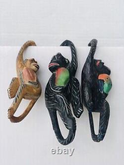 Mexican Folk Art Alebrijes Wood Carved Oaxacan Hanging Monkeys Set Of 3
