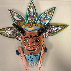 Mexican Folk Art Carved 16 Inch Wood Horned Devil Mask Decoration